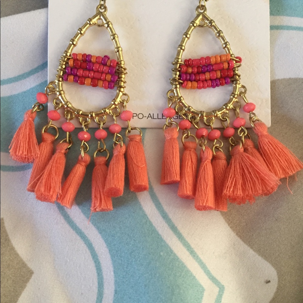 Gold tear drop fringed beaded earrings